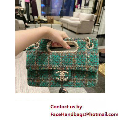 Chanel Wool and Silk Tweed, Glass and Wooden Pearls  &  Gold-Tone Metal Large Flap Bag with Top Handle AS4221 2023